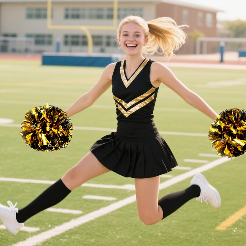 Hooshing 2PCS Gold and Black Pom Poms Cheerleading Metallic Cheer Pom Poms with Baton Handle for Sports Team Spirit Party Kids Adults - Image 5